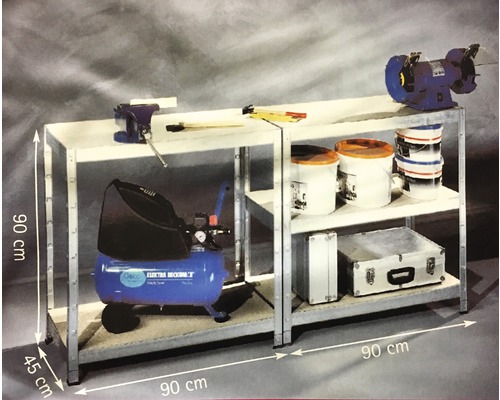 Werkbank mit Schraubstock, Schleifbock, Werkzeug, Kompressor und Farbeimern