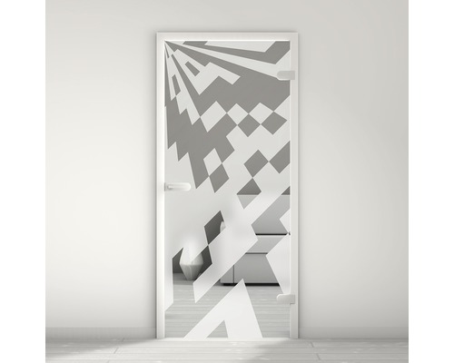 Porte vitrée Pertura Mynd Graphic 03 satiné 83,4 x 197,2 x 0,8 cm tirant droite Porte en verre avec motifs géométriques dans une pièce lumineuse