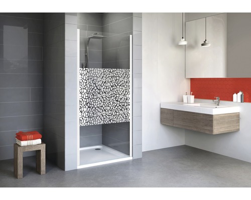 Porte pivotante dans une niche Schulte Alexa Style 2.0 largeur 80 cm décor Terrazzo chrome couleur du profilé blanc alpin