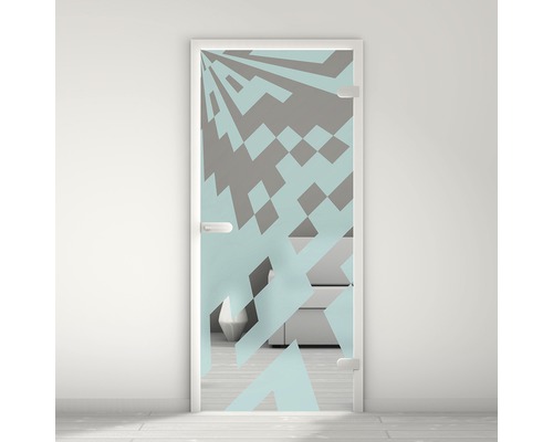 Porte vitrée Pertura Mynd Graphic 03 turquoise 95,9 x 197,2 x 0,8 cm tirant droite Porte en verre avec motif géométrique pour aménagement intérieur