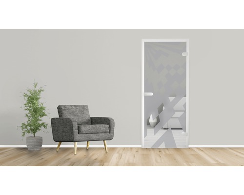 Szene mit einem Sessel, einer Zimmerpflanze und einer Glastür mit geometrischen Mustern