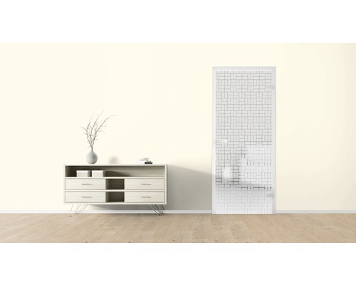 Salon moderne avec buffet, décoration et porte intérieure à motif géométrique.