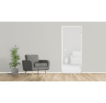 Pièce lumineuse avec fauteuil, plante et porte en verre avec motif rectangulaire