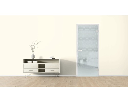 Scène d''intérieur avec commode et porte en verre à motifs