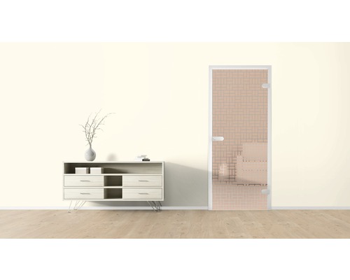 Raumansicht mit Kommode und Designtür aus Glas