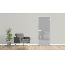 Scène avec une porte en verre, un fauteuil et une plante d''intérieur