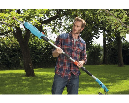 Mann schneidet Baum mit einer Hochentaster Säge