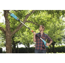 Mann benutzt eine Hochentaster Kettensäge zum Beschneiden eines Baumes.