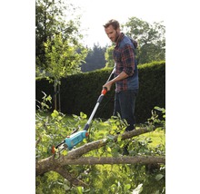 Mann benutzt eine Astsäge zum Zerteilen von Ästen im Garten.