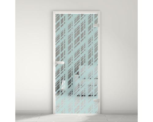 Porte vitrée Pertura Mynd Graphic 06 turquoise 70,9 x 197,2 x 0,8 cm tirant droite Porte en verre avec motif géométrique dans une pièce lumineuse