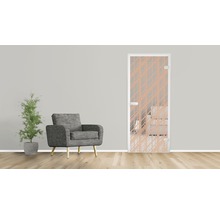 Porte en verre décorative à motifs dans une scène de salon.