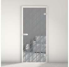 Porte en verre avec motif abstrait dans un intérieur minimaliste