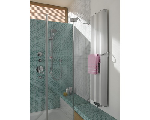 Salle de bains lumineuse avec douche, banc et radiateur