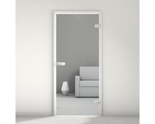 Porte vitrée Pertura Mynd Graphic 07 bleu 83,4 x 197,2 x 0,8 cm tirant droite Porte en verre avec cadre blanc et poignée dans un intérieur minimaliste