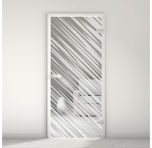 Porte en verre avec décor abstrait devant un mur