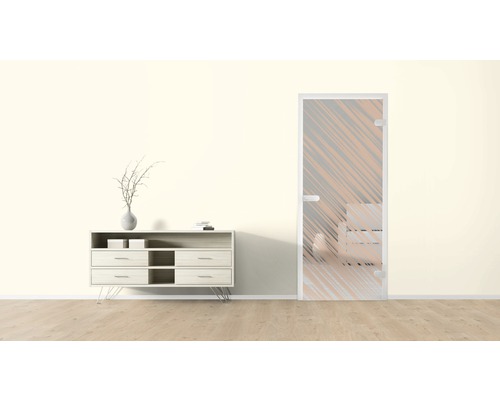 Modernes Interieur mit Kommode und Glastür mit Dekor