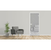 Scène avec porte en verre, fauteuil et plante d''intérieur