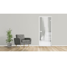 Salon avec fauteuil, plante d''intérieur et porte en verre avec décor