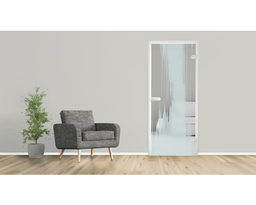 Intérieur avec fauteuil, plante d''intérieur et porte design en verre