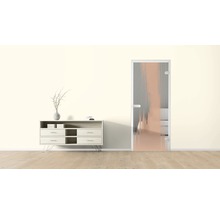 Pièce décorative avec commode et porte en verre à motif graphique