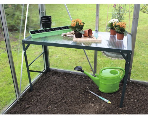 Aluminiumtisch Vitavia 1 Ablage mit Hohlkammerplatte, grün Gewächshausinneneinrichtung mit Tisch, Blumensamen, Töpfen und Gießkanne