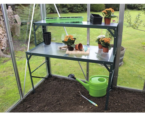 Plateau de table en aluminium, plaque alvéolaires, vert 54x121x76cm Serre avec table de culture, arrosoir et plantes