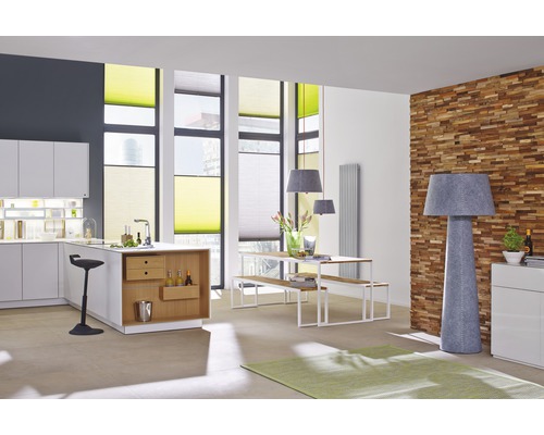 Intérieur moderne avec cuisine, coin repas et stores plissés aux fenêtres pour l''intimité et la protection solaire.