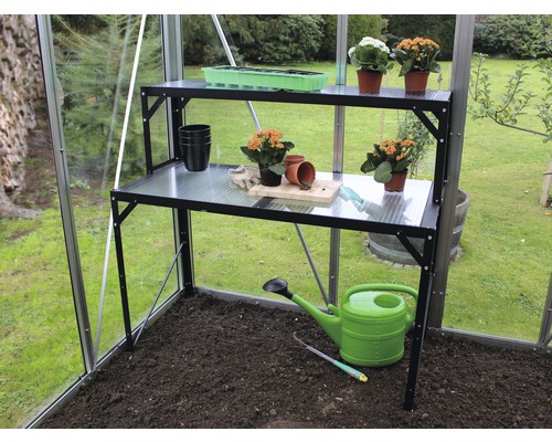 Plateau de table en aluminium, plaque alvéolaires, noir 54x121x76cm Serre avec table de culture noire à deux niveaux, arrosoir et pots de fleurs