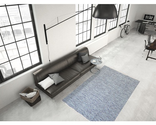 Salon avec canapé, tapis et grande fenêtre