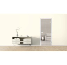 Ambiance de pièce avec commode et porte en verre à motif carré