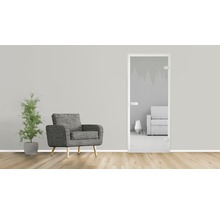 Scène avec porte en verre avec décor, fauteuil et plante d''intérieur