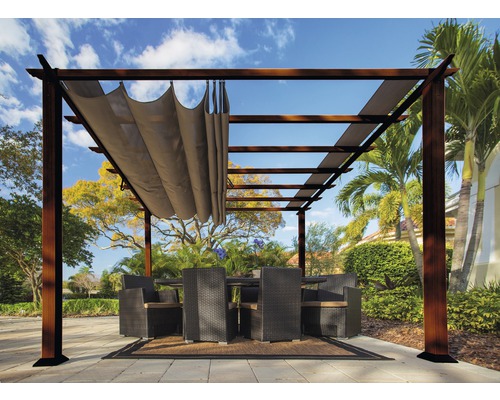 Pergola en aluminium, pavillon SOJAG Florida 11x11 avec voile d'ombrage réglable 320x320 cm Cocoa aspect bois