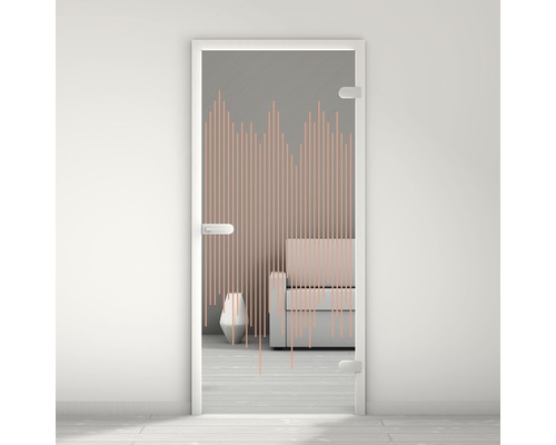 Porte vitrée Pertura Mynd Lines 02 orange 95,9 x 197,2 x 0,8 cm tirant droite Porte en verre avec motif linéaire dans un intérieur moderne
