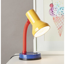Lampe de bureau jaune avec bras flexible rouge et base bleue