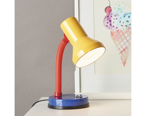 Lampe de bureau à 1 ampoule métal/plastique hxØ 300x130 mm Junior bleu/rouge/jaune avec bras flexible + interrupteur à bascule