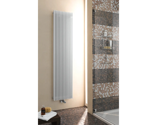 Badezimmer mit Handtuchheizkörper, Dusche und Mosaikfliesen