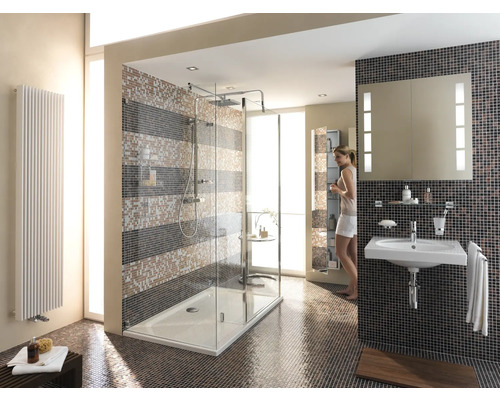 Helles Badezimmer mit Dusche, Waschbecken und Heizkörper vor Mosaikfliesen
