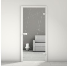 Porte en verre avec motif de lignes dans une pièce lumineuse