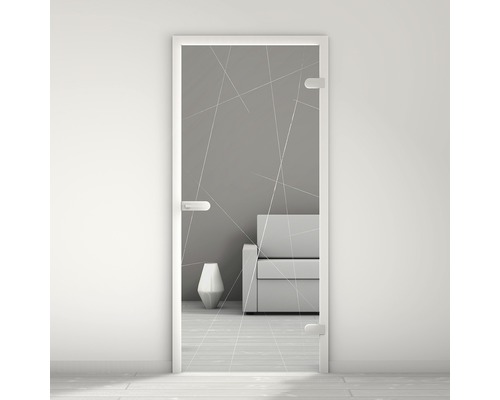 Porte vitrée Pertura Mynd Lines 06 satiné 70,9 x 197,2 x 0,8 cm tirant droite Porte en verre avec motif de lignes dans une pièce lumineuse