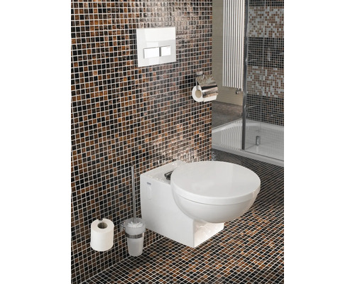 Modernes Badezimmer mit Mosaikfliesen, Wand-WC, Toilettenbürste, Papierhalter und Betätigungsplatte.