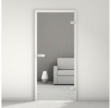 Porte en verre avec motif abstrait et ferrures dans une pièce aménagée moderne