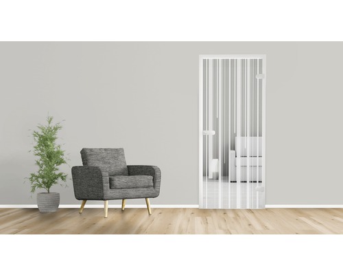 Aménagement de pièce avec porte en verre à rayures, fauteuil et plante en pot