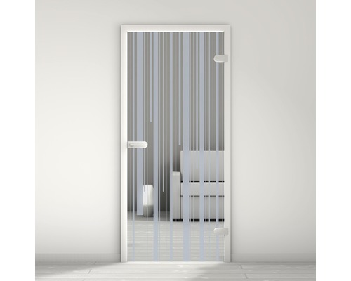 Porte vitrée Pertura Mynd Lines 10 bleu 83,4 x 197,2 x 0,8 cm tirant droite Porte en verre avec motif rayé dans une pièce lumineuse