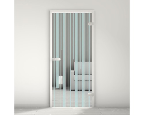 Porte vitrée Pertura Mynd Lines 10 turquoise 95,9 x 197,2 x 0,8 cm tirant droite Porte en verre avec motif à rayures devant la vue de la pièce