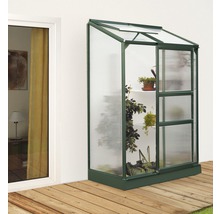 Serre avec des plantes sur un mur de maison sur une terrasse en bois