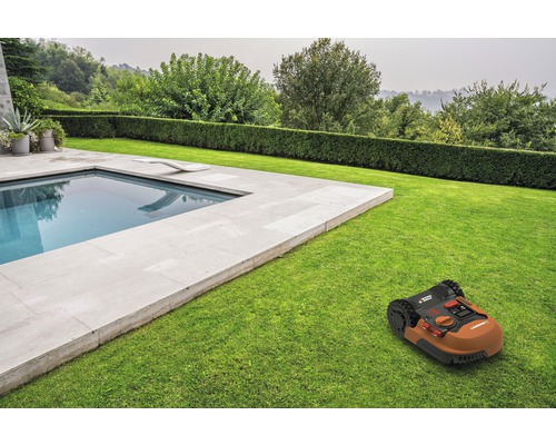 Rasenmäher Roboter auf Rasenfläche neben einem Swimmingpool
