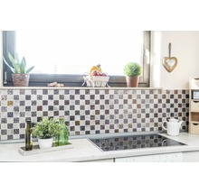 Küchenszene mit Mosaikfliesen, Pflanzen und Kochfeld