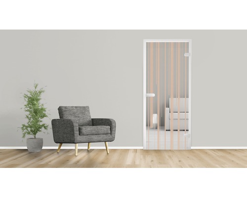 Vue d''une pièce avec porte en verre, fauteuil et plante en pot.