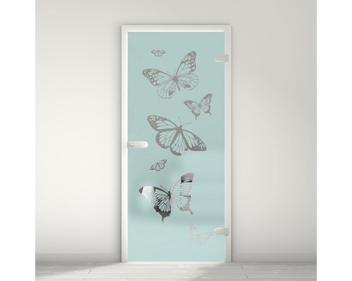 Porte vitrée Pertura Mynd Butterfly 06 turquoise 83,4 x 197,2 x 0,8 cm tirant droite Porte en verre avec motif papillon