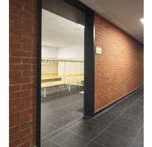 Photo intérieure d''un vestiaire avec murs en briques et bancs